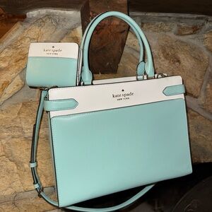 Kate Spade Light Blue and White Satchel with Matching Mini Wallet